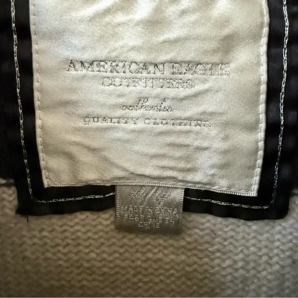 Y2K American Eagle Striped Shawl Collar Sweater in Charcoal Grey and Ivory - Picture 11 of 12
